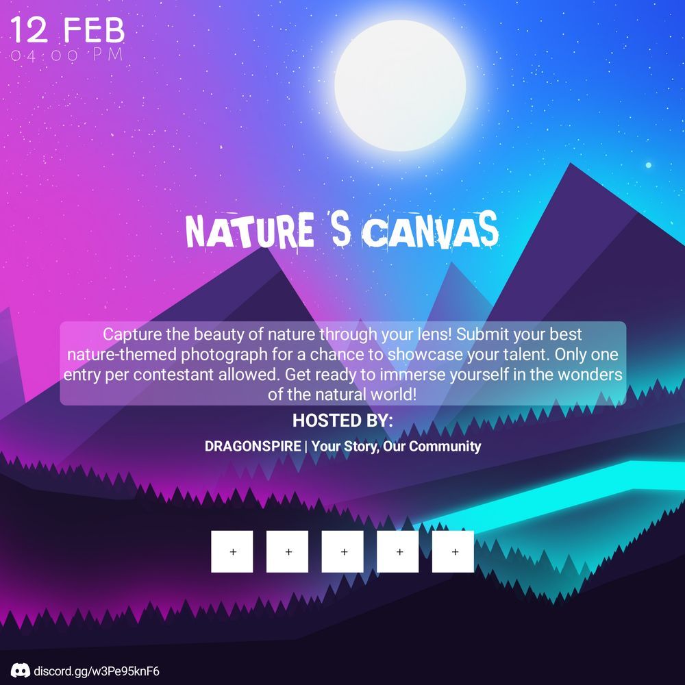 Nature's Canvas photography contest poster with a purple and blue mountain landscape at twilight