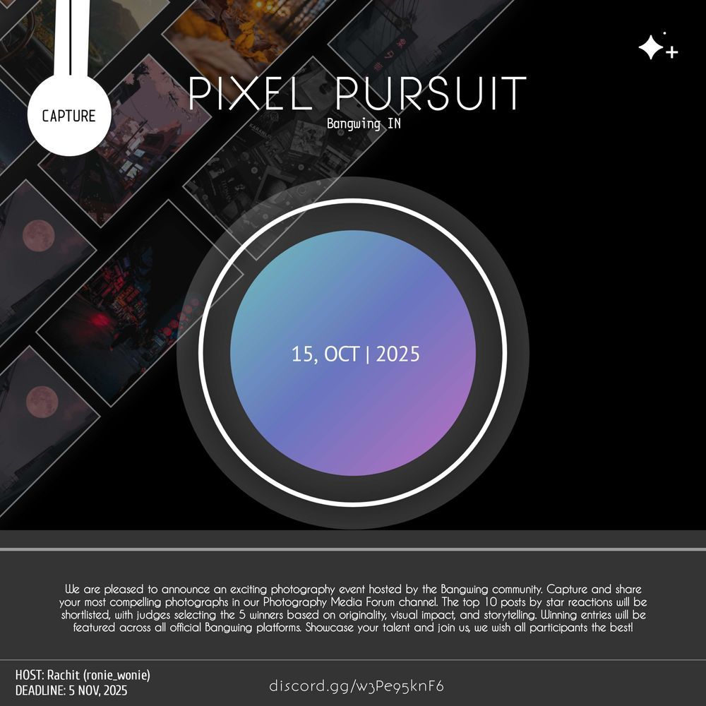 Pixel Pursuit open-theme photography contest poster with a camera lens graphic and photo collage