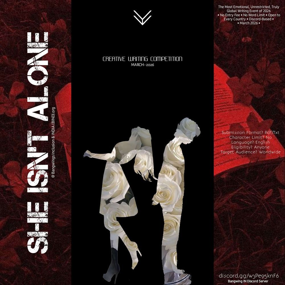 She Isn't Alone creative writing competition poster, rose-covered silhouettes of two figures on a dark red background